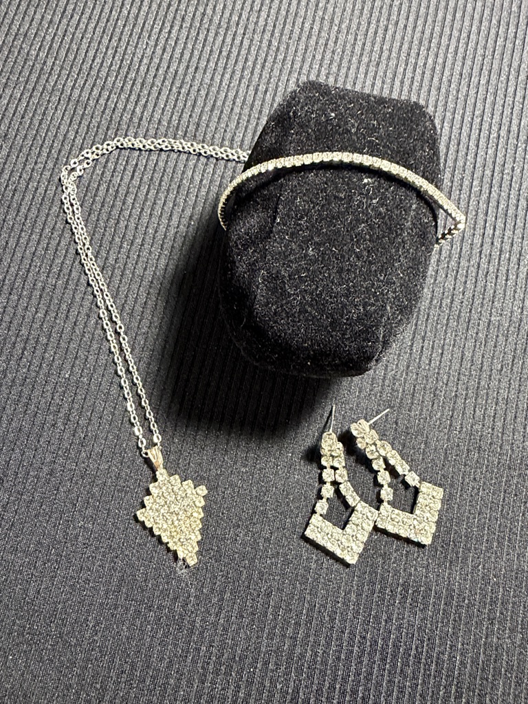 Silver Crystal Pendant Necklace, Bracelet & Drop Earrings Set